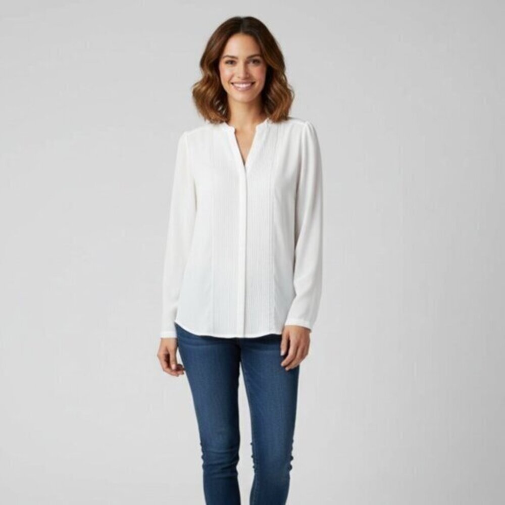 Women's Button Down Front Blouse Shirt Pleated Ivory Long sleeve Size Small